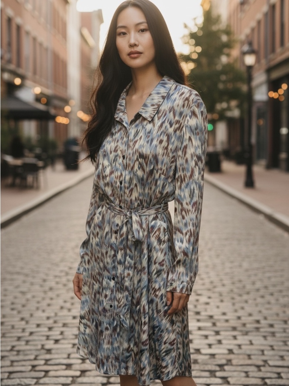 Papillon Blanc Blue and Brown Printed Long-Sleeve Shirt Dress